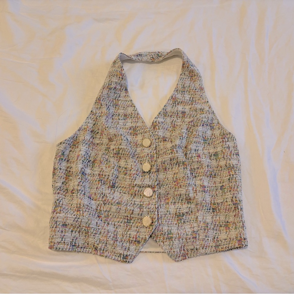 Multicolor Tweed Button-Up Vest